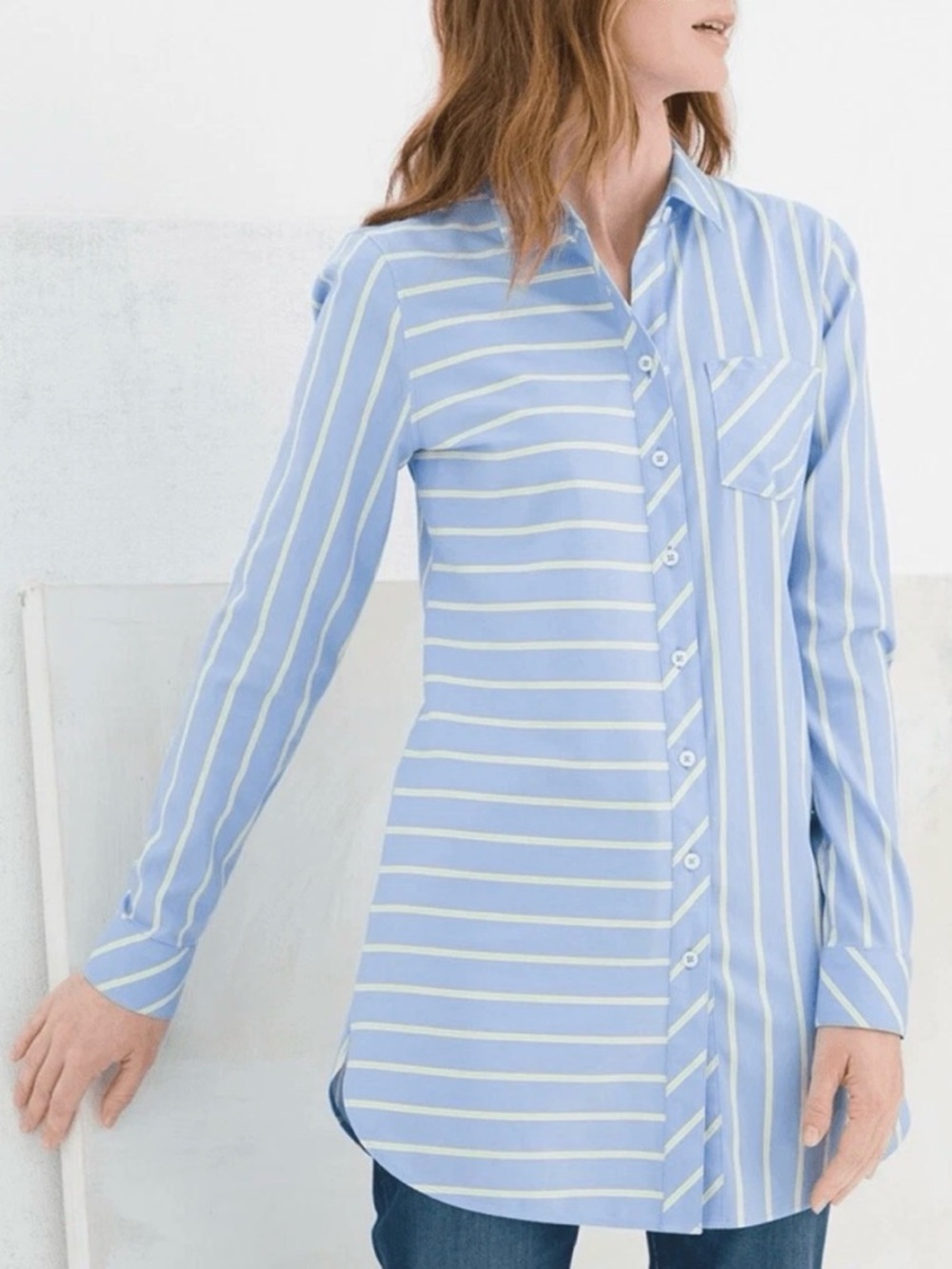 Chico's Blue and Yellow Striped Button Front Shirt Size 1